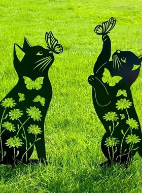 2件套猫装饰花园桩黑猫剪影户外装饰地插后花园纪念雕像草坪装饰
