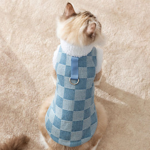 猫咪秋冬季加厚保暖休闲风棋盘格牛仔马甲棉衣狗狗宠物泰迪狗衣服