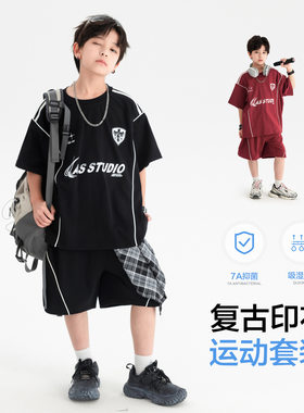 大童男装一米二三四五六年级七八九十岁小孩夏衣服运动速干套装黑