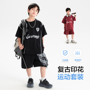 大童男装一米二三四五六年级七八九十岁小孩夏衣服运动速干套装黑