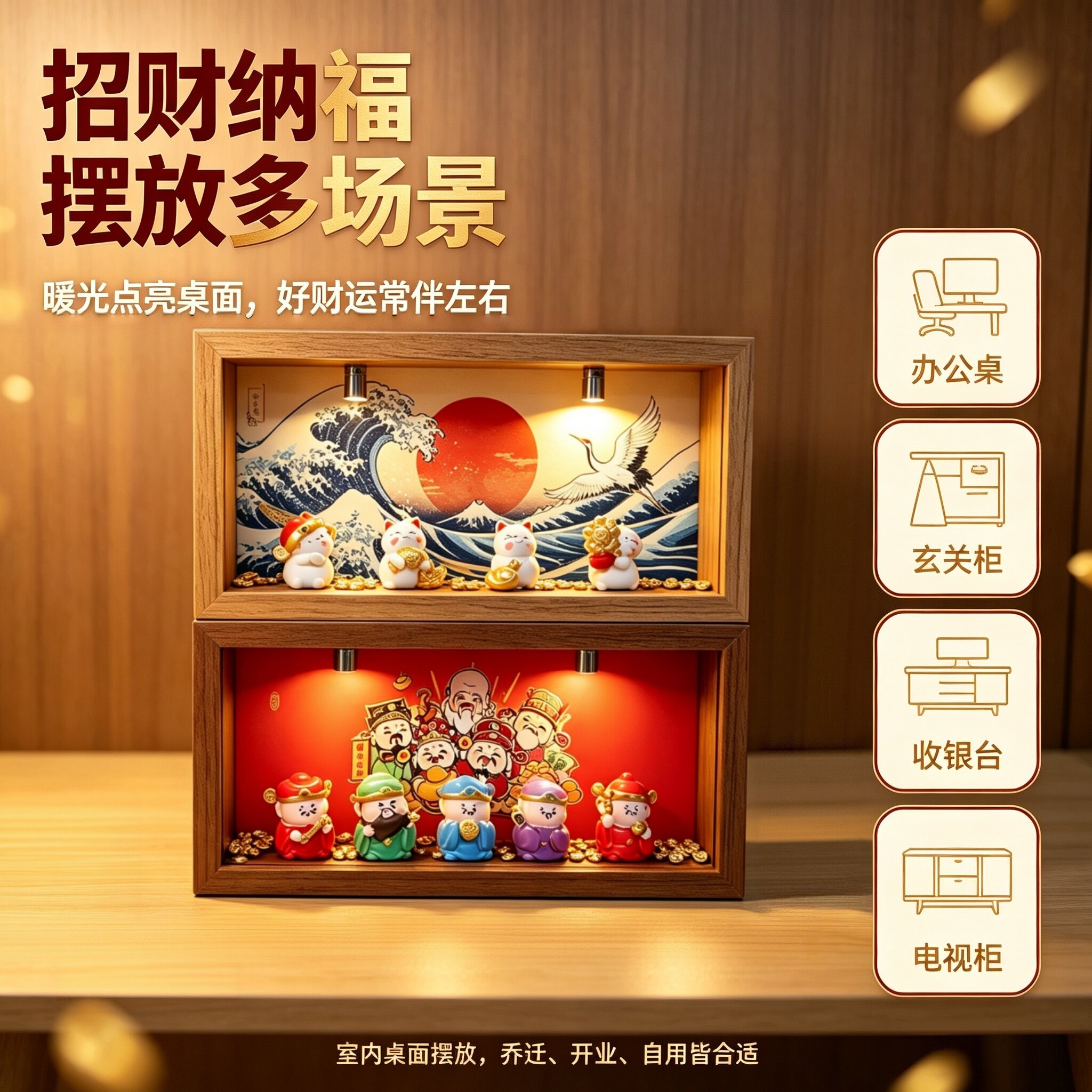 五路财神摆件2026新款玄关摆件女生高颜值招财猫金元宝发光相框