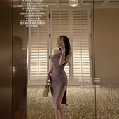 原创宴会收腰亮片斜肩开叉包臀气质长款 杜总家 A市女主角 连衣裙