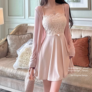 杜总家 原创氛围感纯欲温柔蕾丝气质吊带连衣裙女 人比桃花娇