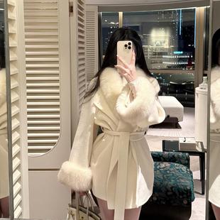 杜总家 曼城雪夜*纯羊毛秋冬韩系外套可拆卸狐狸毛领收腰绑带大衣