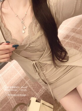 杜总家 湾湾名媛*原创初秋气质性感针织开衫蕾丝两件套女连衣裙