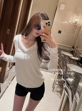 杜总家 简奢Oni感*原创简约慵懒风毛边v领舒适百搭宽松千金女上衣