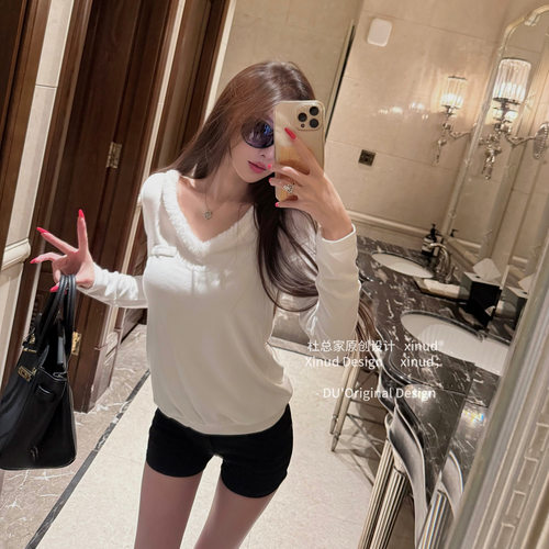 杜总家 简奢Oni感*原创简约慵懒风毛边v领舒适百搭宽松千金女上衣