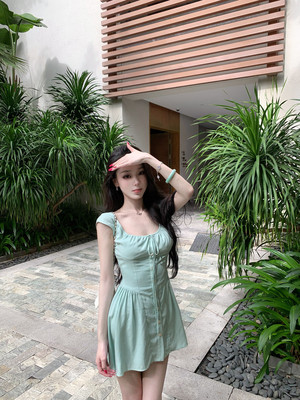 杜总家 青藤楚楚*原创甜辣少女清新短裙抽绳显瘦a字减龄夏连衣裙