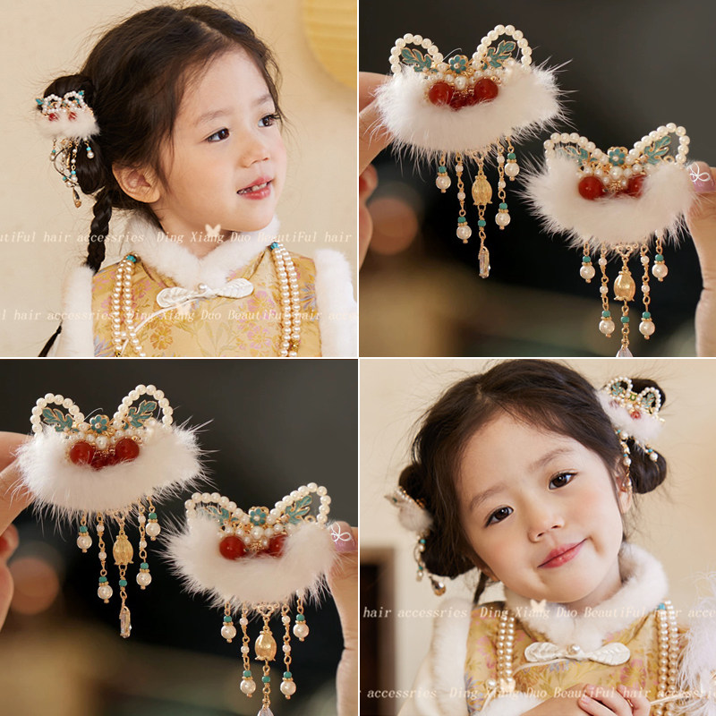 儿童新年醒狮流苏蝴蝶结发夹女童前额侧边刘海夹女孩古风汉服发饰