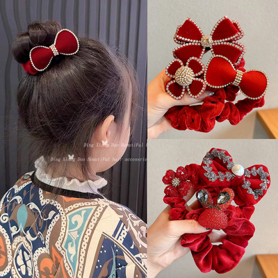 儿童红色丝绒水钻大肠发圈2025新款女童高级感头绳过年不伤发头饰