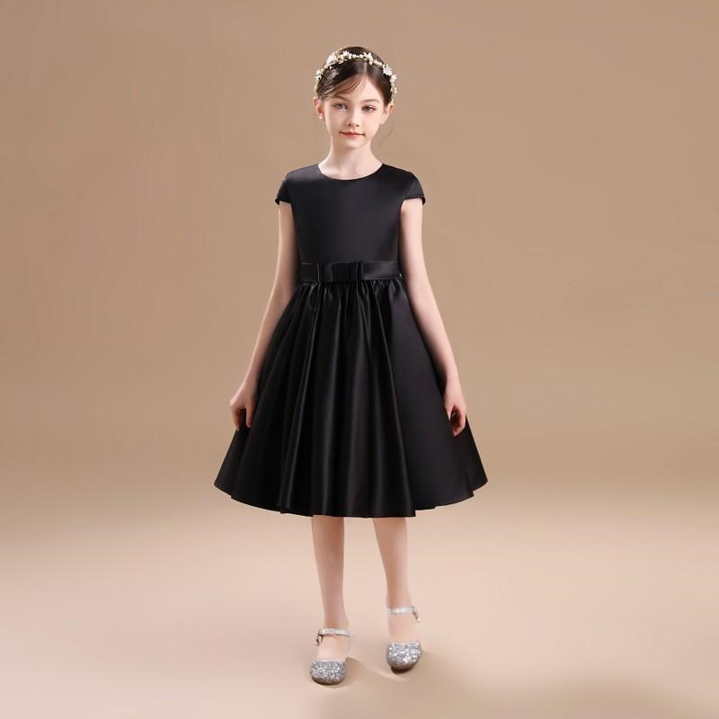 新品黑色钢琴表演礼服短款小半袖公主裙I小主持人生日宴会乐团演