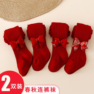 婴儿连裤袜红色周岁宝宝打底裤春秋纯棉薄款女童蝴蝶结连体袜外穿