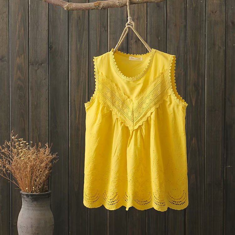 。甜美蕾丝花边镂空绣娃娃衫女夏季宽松无袖蓬蓬A字背心上衣