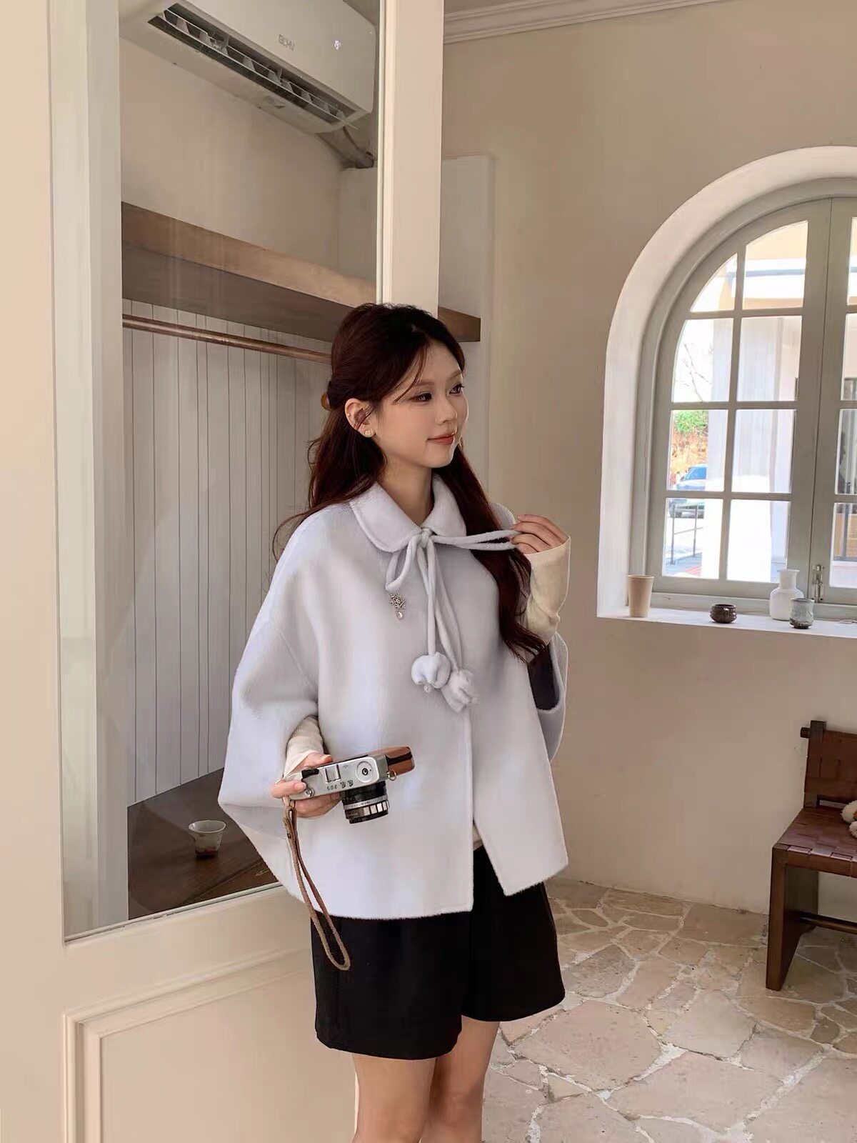 富家千金风羊毛双面呢斗篷大衣女秋冬新款郁金香甜美气质毛呢外套