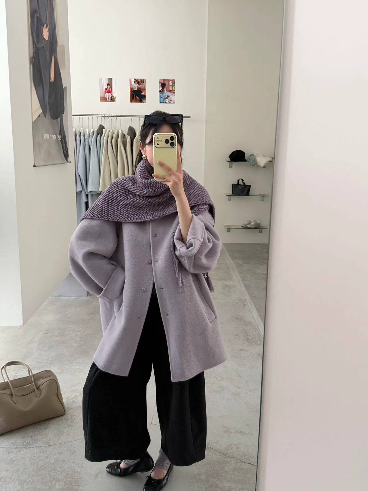 韩版正品2026新款秋冬季双面羊毛大衣女短款小个子围巾披肩外套女