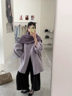 韩版2026新款秋冬季双面羊毛大衣女短款小个子围巾披肩外套女