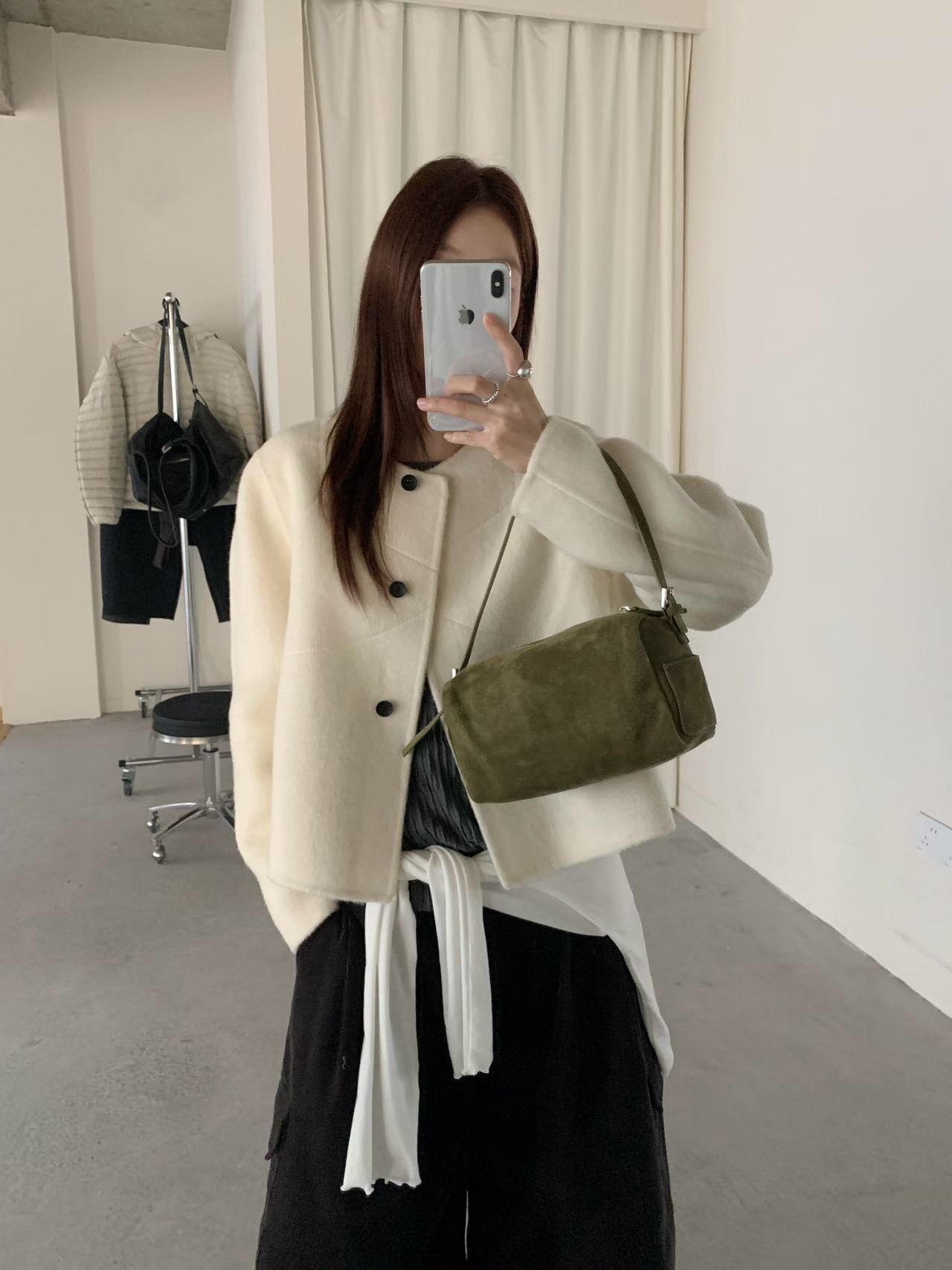 秋冬季富家千金小香风灰色双面呢大衣女短款小个子黑色羊毛呢外套
