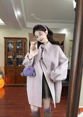韩系甜美气质兔耳朵双面羊毛呢子大衣外套女中长款斗篷25冬季新款