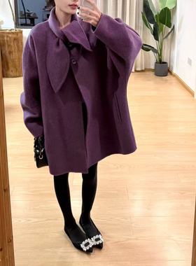 2025新款双面羊毛大衣女中长款蝴蝶结领紫色山羊绒双面呢大衣外套