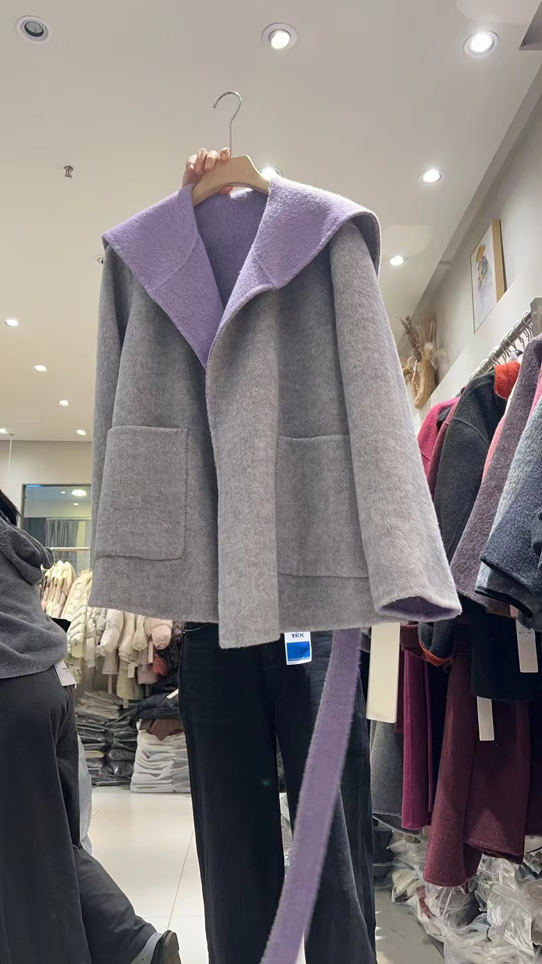 韩国AB面拼色双面羊绒大衣女短款气质系带轻奢浴袍式羊毛大衣外套