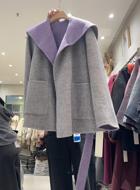 AB面拼色双面羊绒羊毛大衣女短款气质系带轻奢浴袍式羊毛大衣外套