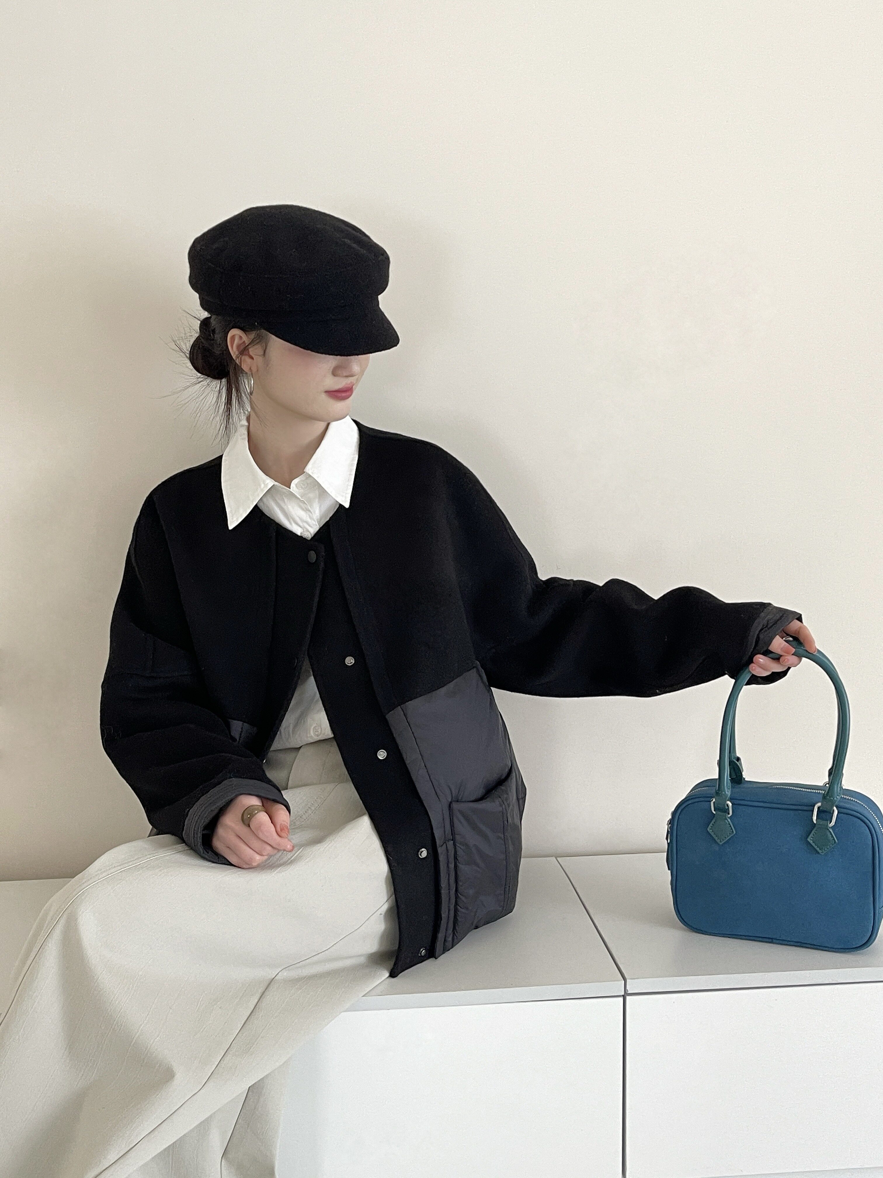 2025新双面羊绒大衣女短款小个子羊毛呢外套宽松显瘦拼接羽绒服女