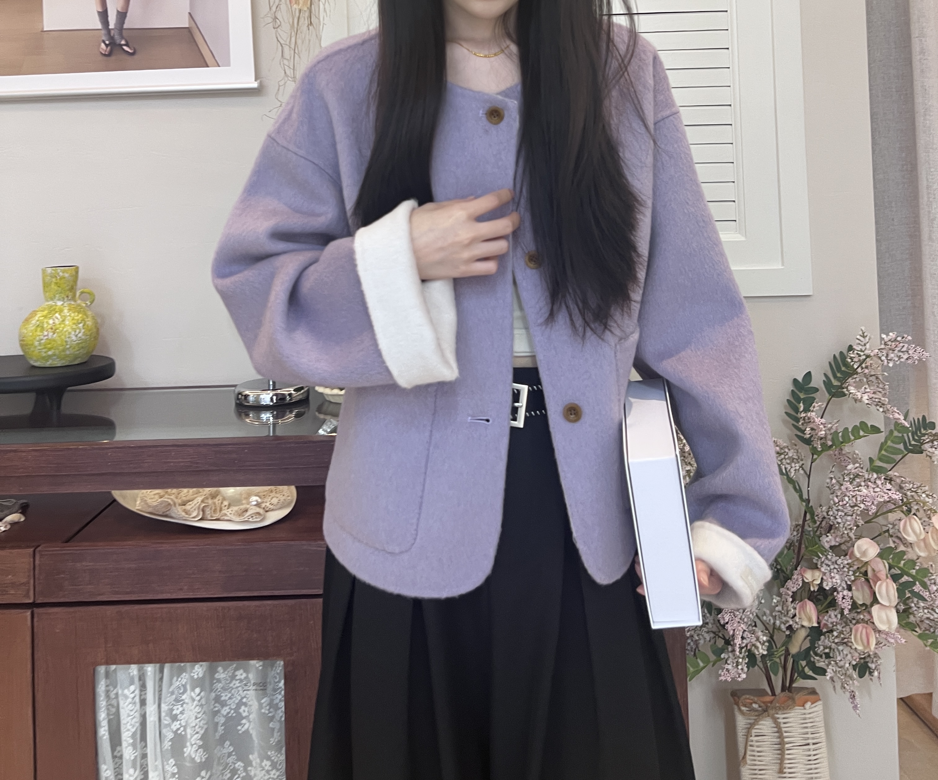 2025新款韩版紫色呢子大衣女短款小香风宽松圆领小个子毛呢外套