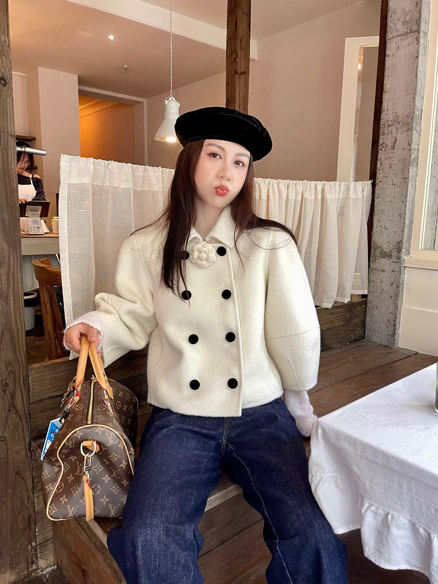 法式小香风双面羊毛大衣女秋冬新款翻领双排扣山茶花羊呢外套上衣