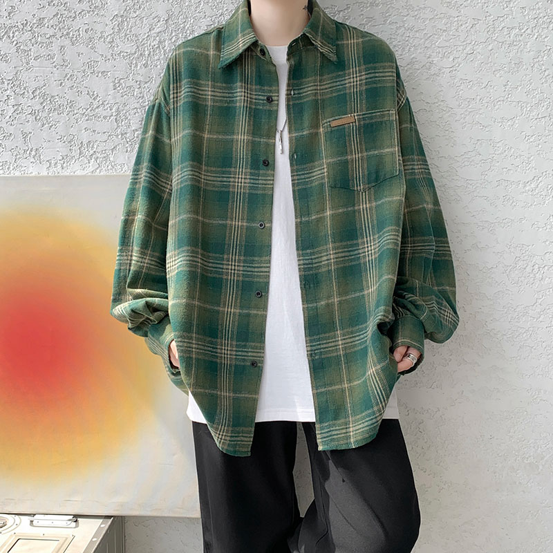 美式复古撞色格子衬衫男春秋潮牌cleanfit慵懒感衬衣宽松百搭外套