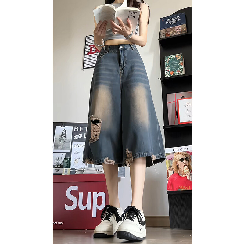 破洞牛仔短裤男女2025新款外穿七分裤夏季薄款宽松休闲阔腿八分裤