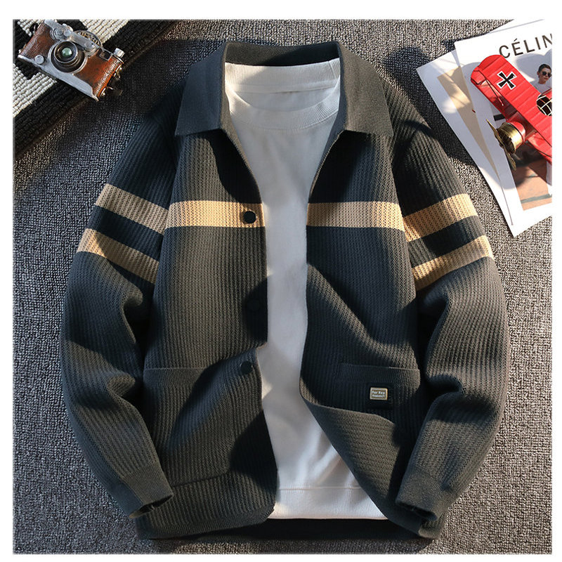 悟空有货高档开衫男外套春秋青年外套针织夹克男帅气大码翻领上衣