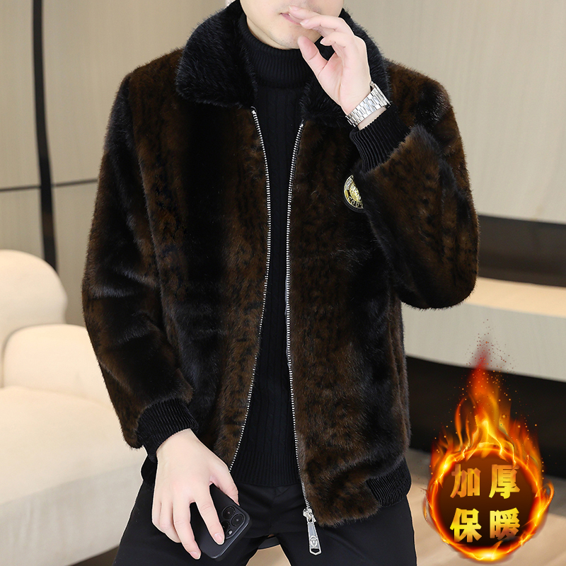 冬季高端品牌金貂绒仿皮毛一体皮草男士加厚保暖冬装水貂棉袄外套