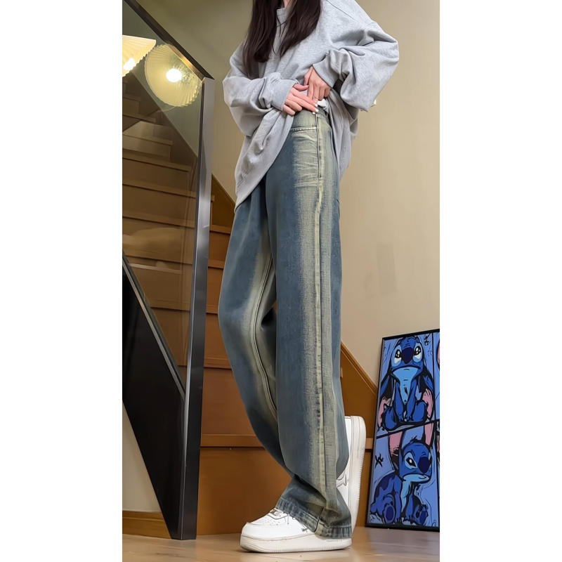 渐变黑色牛仔裤男女夏秋高腰显瘦直筒裤水洗美式复古垂感阔腿长裤