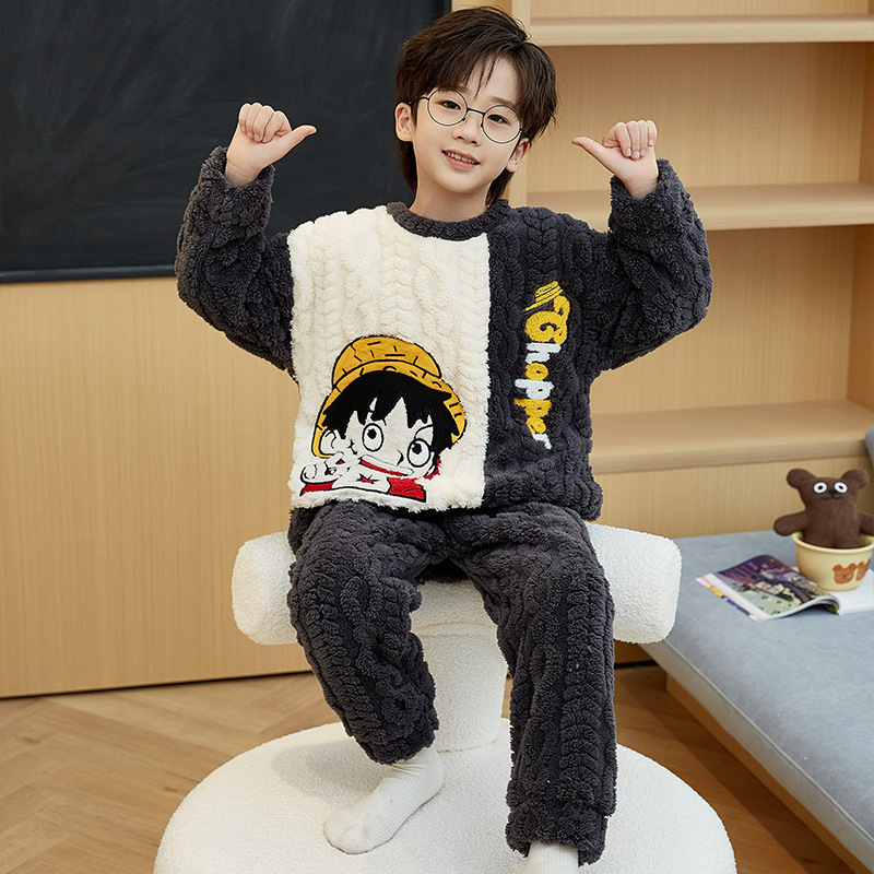 儿童加厚睡衣男童冬季法兰绒保暖珊瑚绒海贼王路飞套头圆领家居服