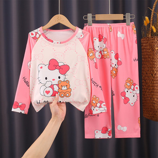 春秋天薄款 女童夏季 学生HelloKitty猫家居服 儿童睡衣2026新款 长袖