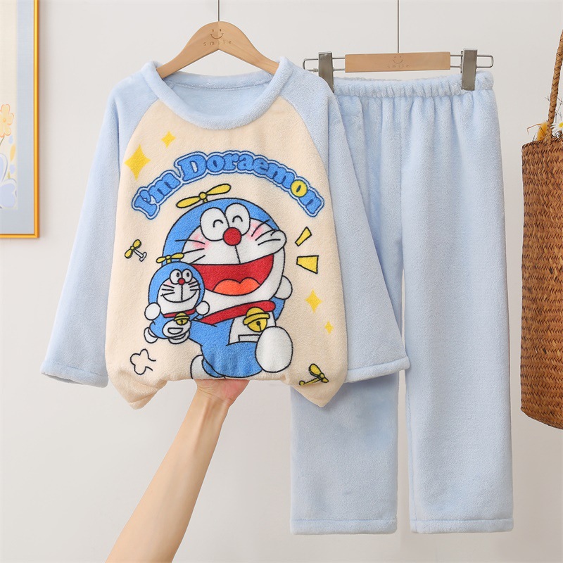男女童叮当猫睡衣2026新款秋冬季 法兰绒儿童珊瑚绒哆啦a梦家居服