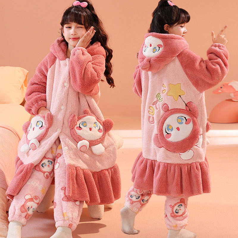 女童睡衣冬款珊瑚绒法兰绒加厚蛋仔派对儿童大小孩提花绒居家浴袍