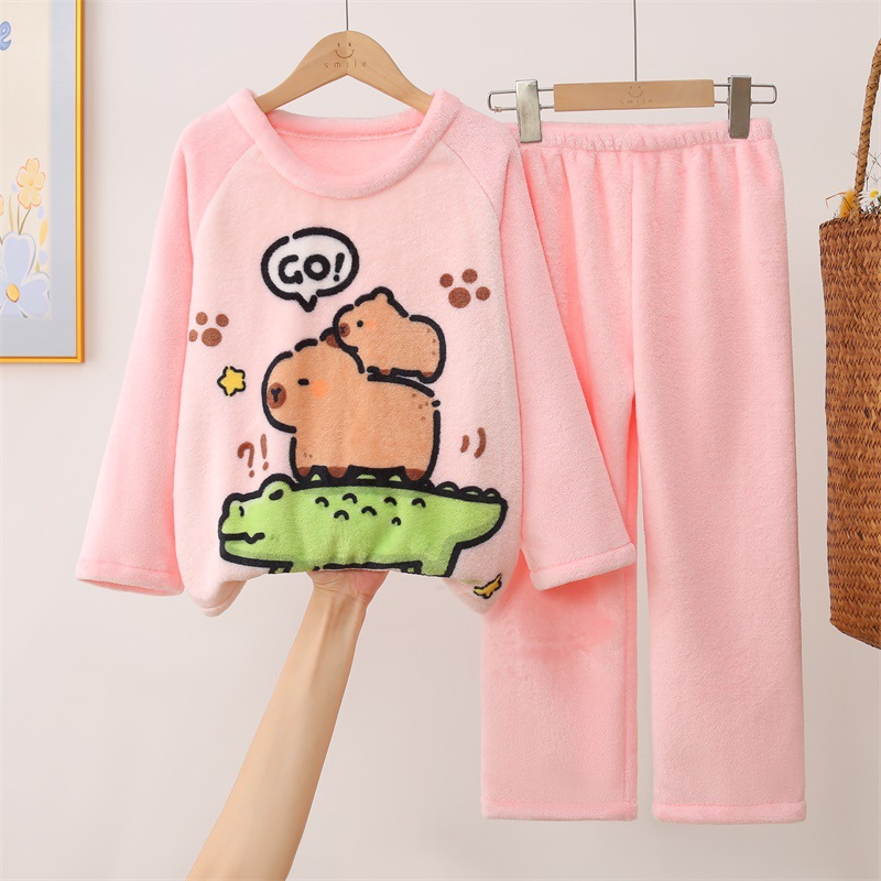 capybara卡皮巴拉睡衣秋冬珊瑚绒法兰绒儿童女童薄绒短毛绒家居服