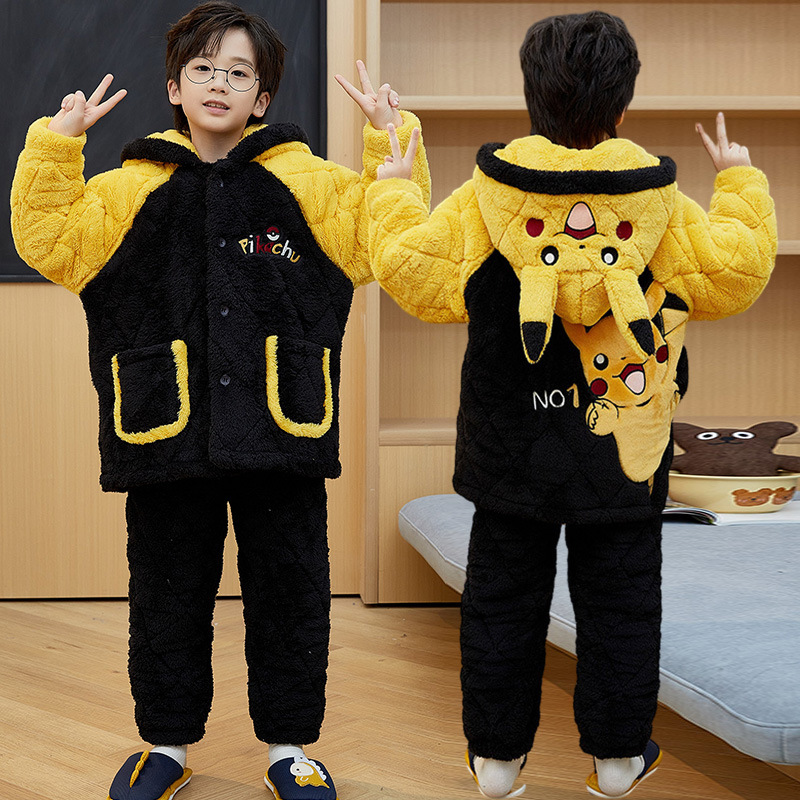 皮卡丘睡衣睡裤三层夹棉保暖加绒套装冬季中大童男孩儿童2026新款
