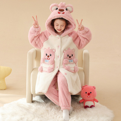 女童珊瑚绒睡衣加厚冬季中大童 Loopy露比儿童宝宝睡袍家居服连帽