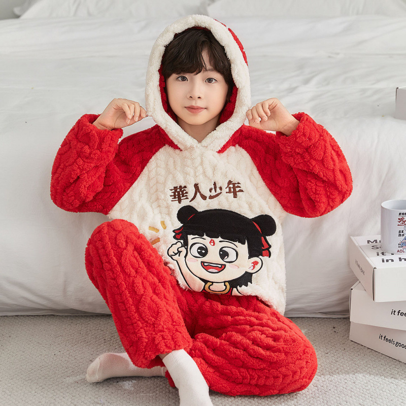 哪吒儿童睡衣秋冬季加厚法兰绒珊瑚绒2025新款冬季男孩中大童胖童