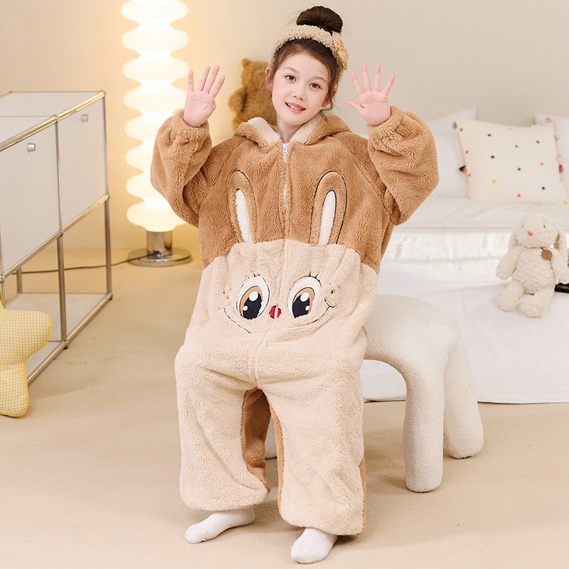 拉布布长袖睡衣女童睡袋长款秋冬季加厚绒3岁小孩4宝宝5儿童6学生