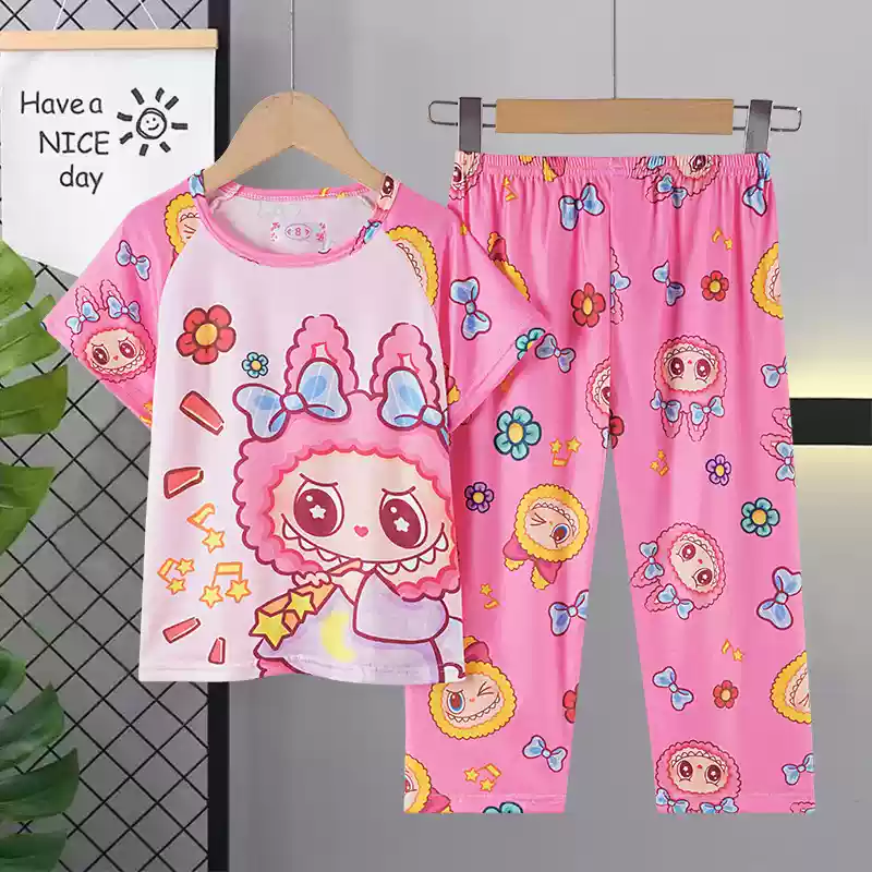 拉布布童装 春秋夏季薄款短袖长裤睡衣套装女童4-6-8-10-12岁女孩