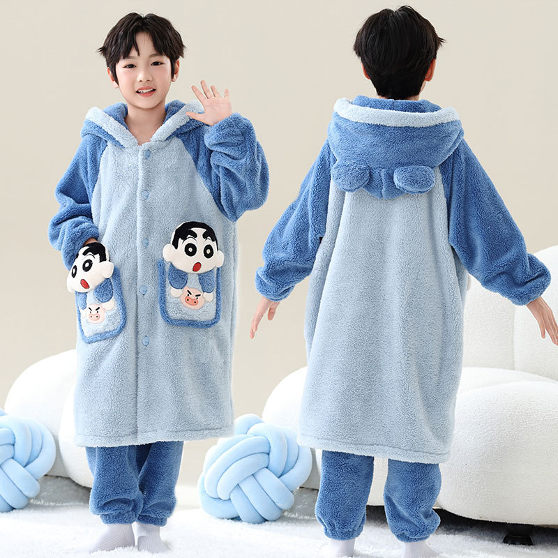 珊瑚绒睡衣法兰绒睡袍保暖加厚冬季中大童蜡笔小新男童家居服套装