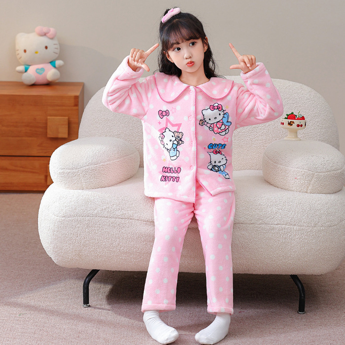 KT猫儿童睡衣秋冬季女童加绒厚款珊瑚绒法兰绒娃娃领公主风家居服