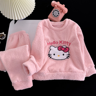 hellokitty女童睡衣睡裤秋冬加厚加绒凯蒂猫套头初中生女孩两件套