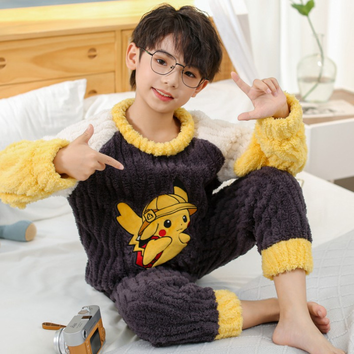 儿童皮卡丘睡衣秋冬法莱绒厚男童中大童男孩长毛绒宝可梦套装居家