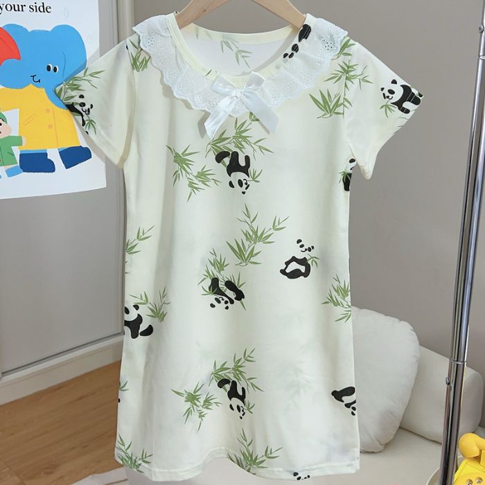女童睡裙熊猫儿童睡衣女孩可爱家居服夏季公主风短袖连体裙中长款