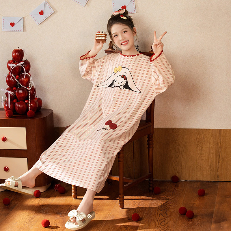 纯棉睡裙儿童宝宝HelloKitty薄款春季小女孩子亲子母女装大码裙子