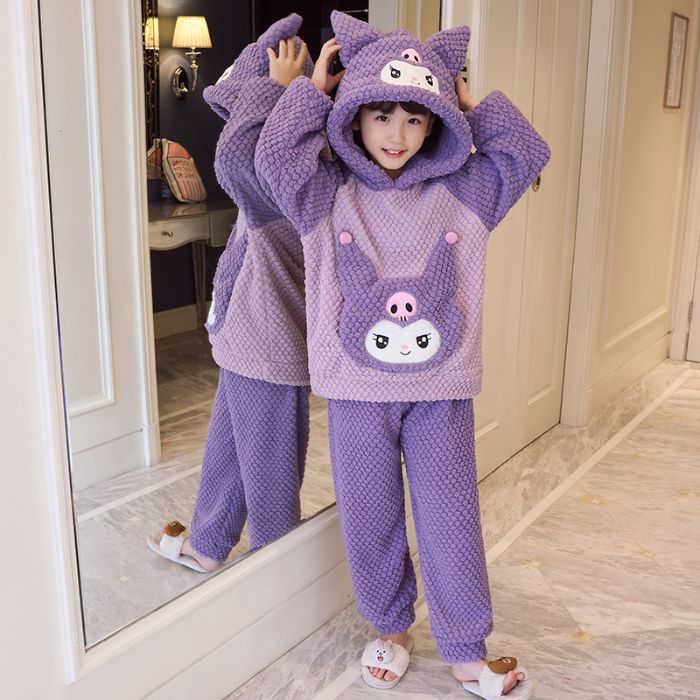 库洛米的冬款加厚女童女孩睡衣睡裤套装四五六八十岁儿童连帽冬装